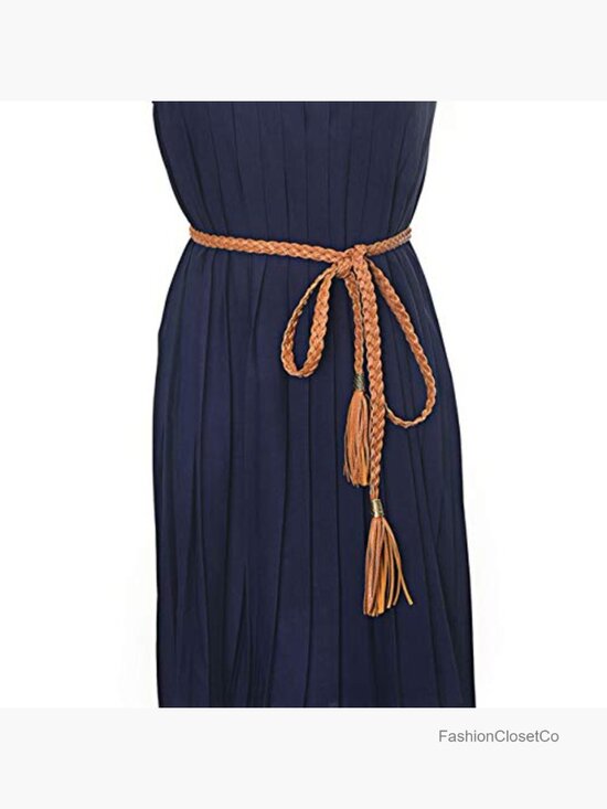 Tassel Braided Rope Belt PU Leather Thin Woven Boho Waistband for Dress Jeans main image 6